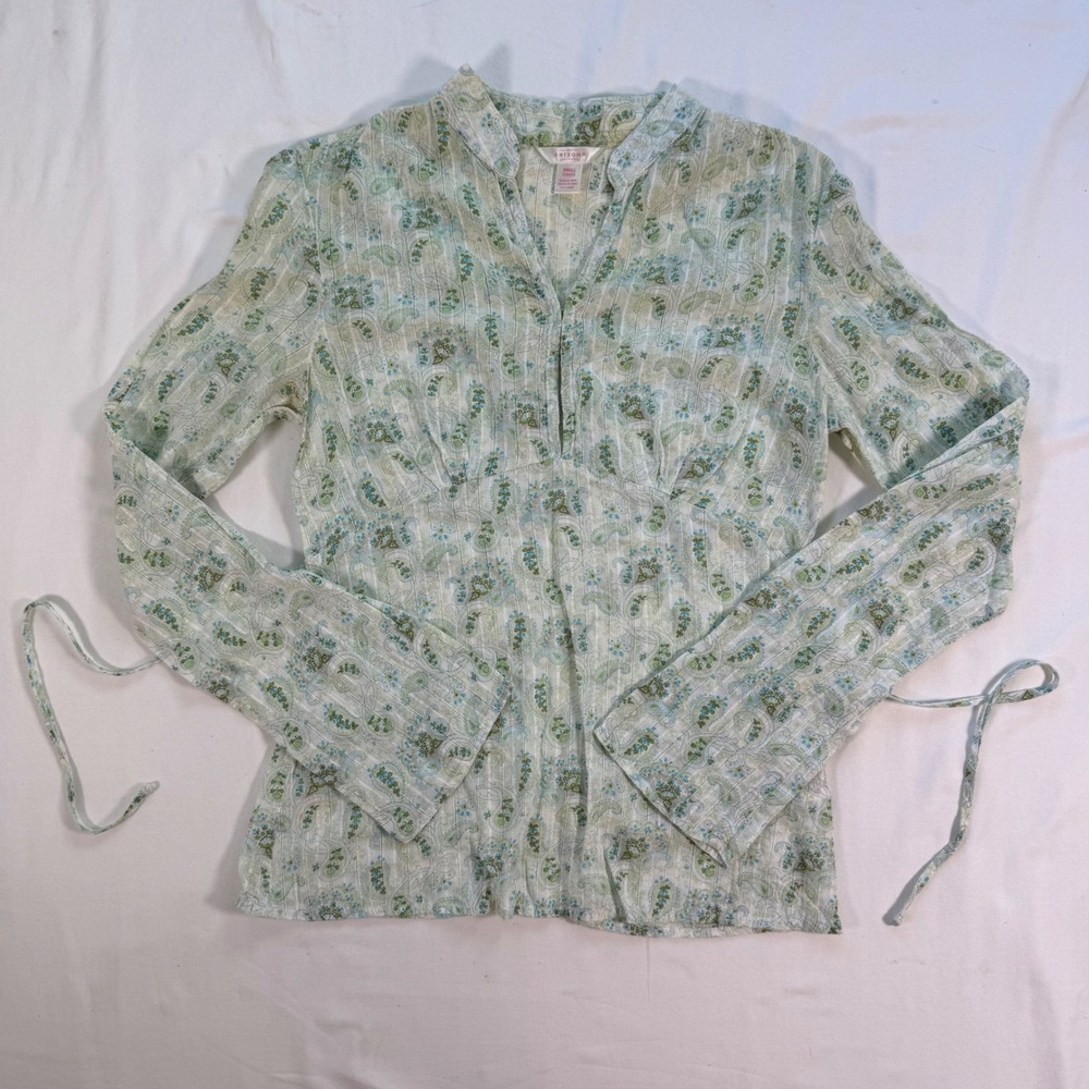 Arizona Jean Company Paisley Gauze Blouse Green Blue V-Neck Tie Back Small Boho
